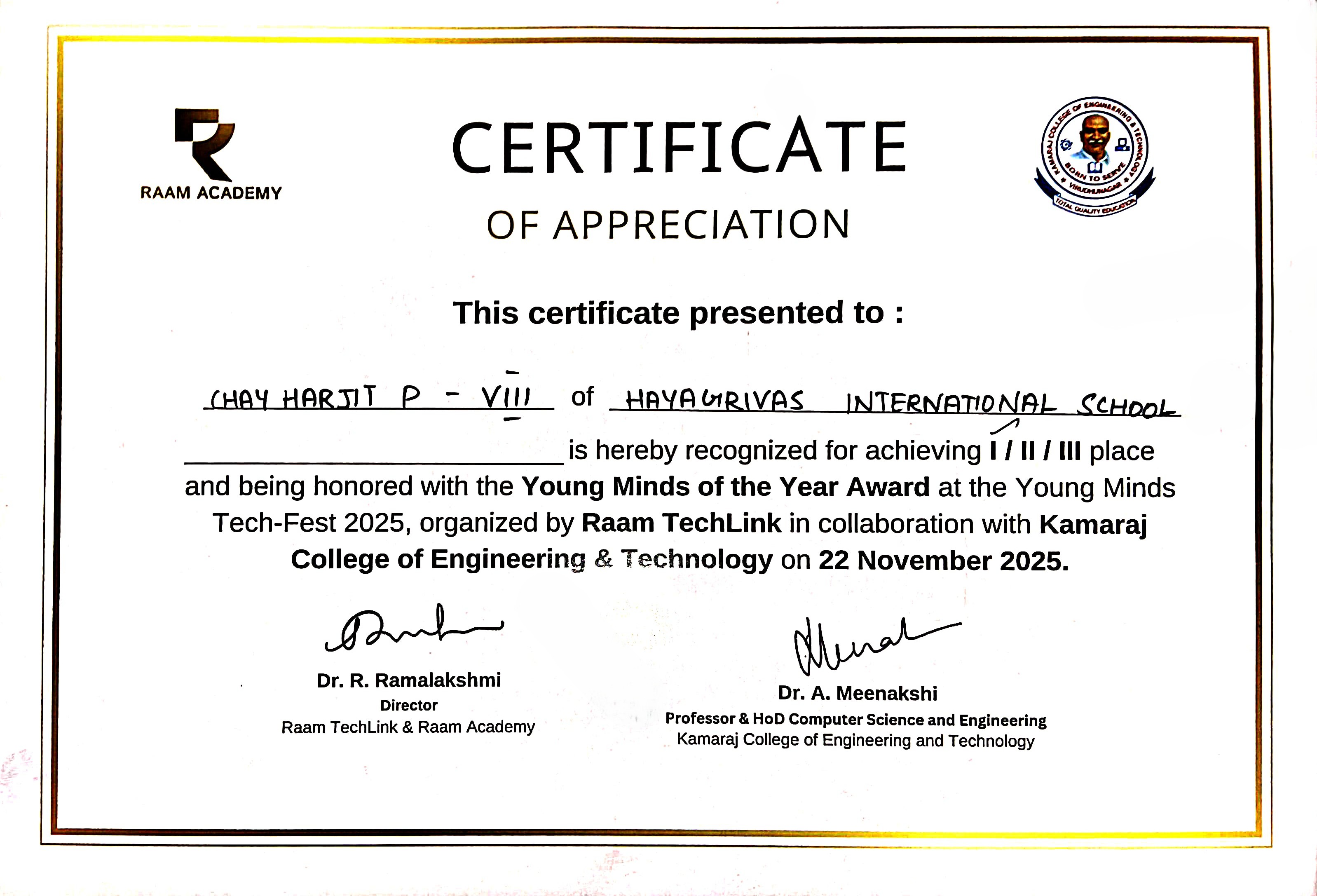 Young Minds of Year Award first place certificate